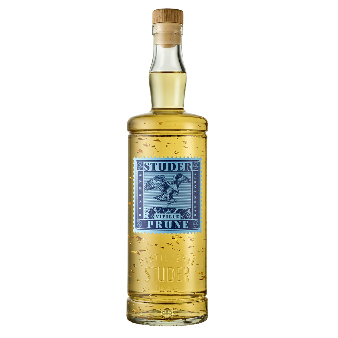 Vieilles Prune 70 cl mit 24 Karat Goldflitter Studer Distillerie – Réserve Baron Louis vieilles prune 70 cl mit 24 karat goldflitter studer distillerie – réserve baron louis