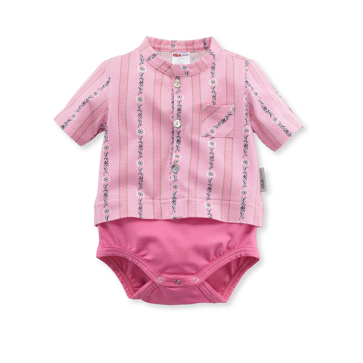 Baby-Body rosa halbarm mit Edelweiss-Motiv baby body edelweiss rosa isa bodywear