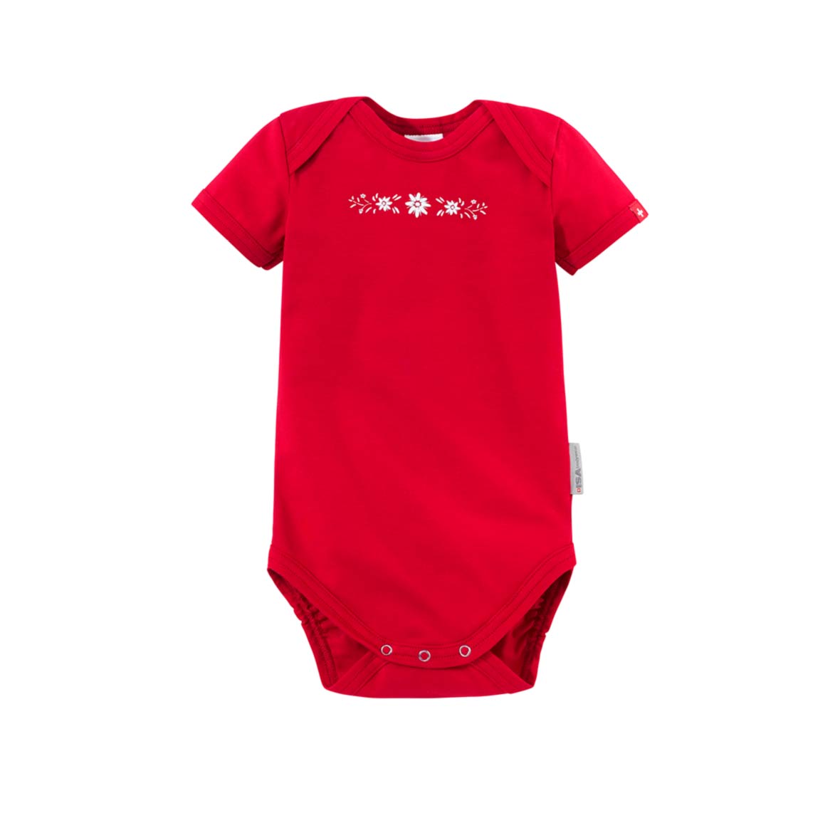 Baby-Body kurzarm mit Edelweiss-Motiv baby body bright red schwingerkollektion 2022 isa bodywear