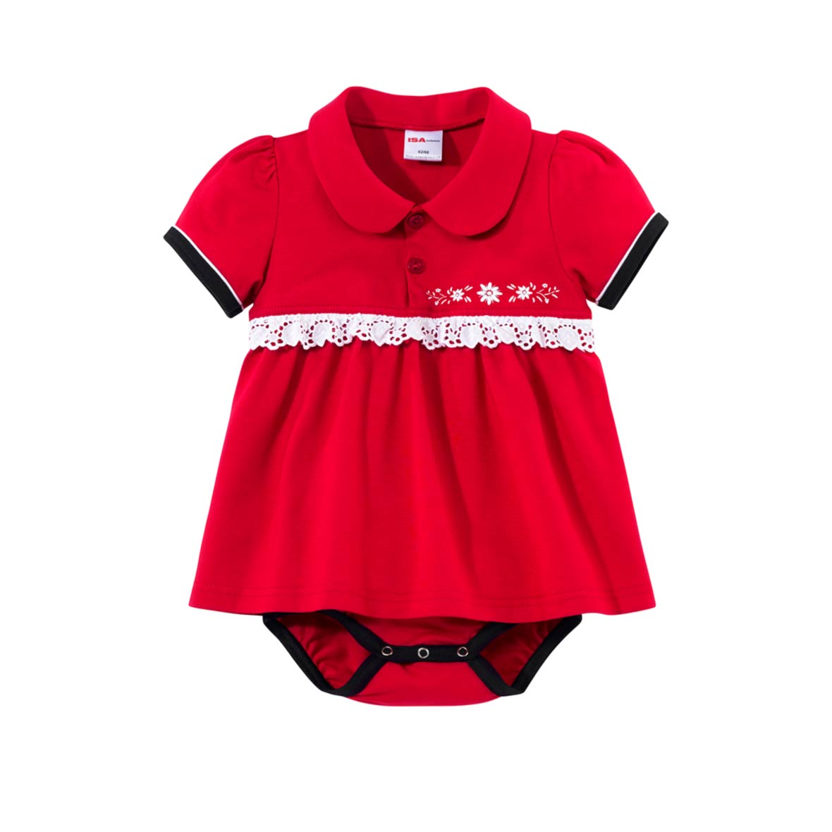Baby-Body kurzarm und Kragen mit Edelweiss-Motiv baby body rot edelweiss schwingerkollektion 2022 isa bodywear