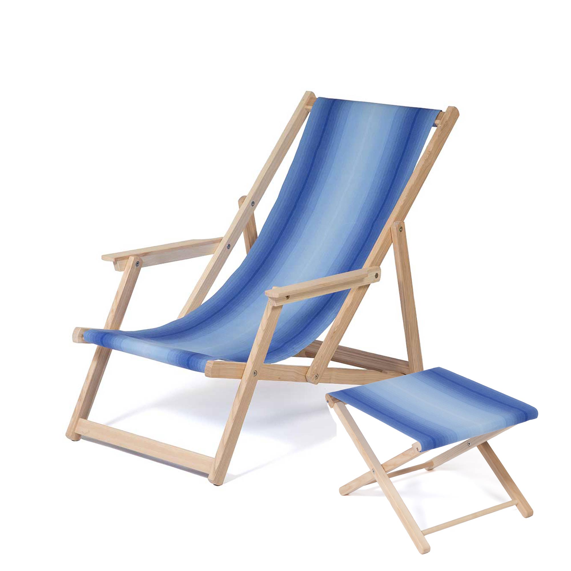 Liegestuh mit Hocker und Stoffbezug Farbe blau gestreift liegestuh mit hocker und stoffbezug farbe blau gestreift